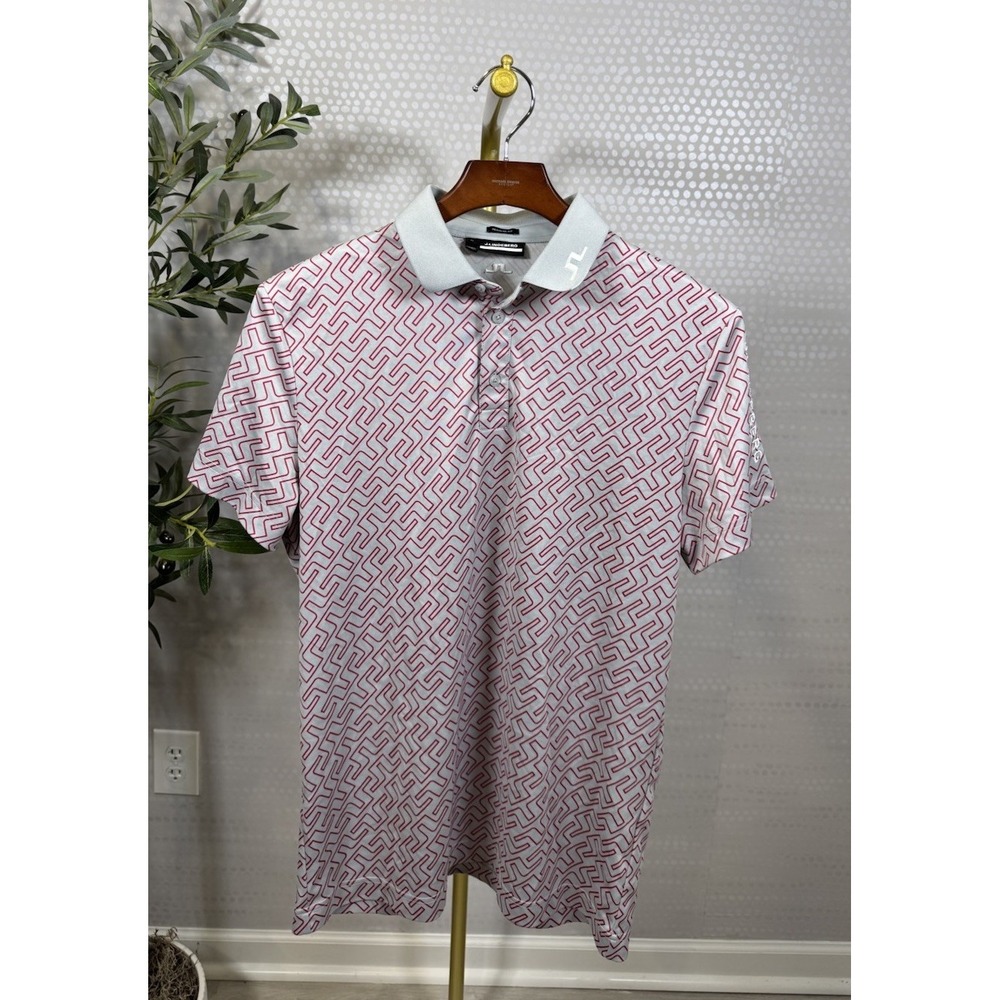 J.Lindeberg Men's Golf Polo Shirt medium Gray Red Geometric Print Regular Fit